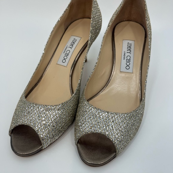 Jimmy Choo Isabel champagne/silver/gold glitter peep toe kitten heel size EU 38 - Picture 5 of 8